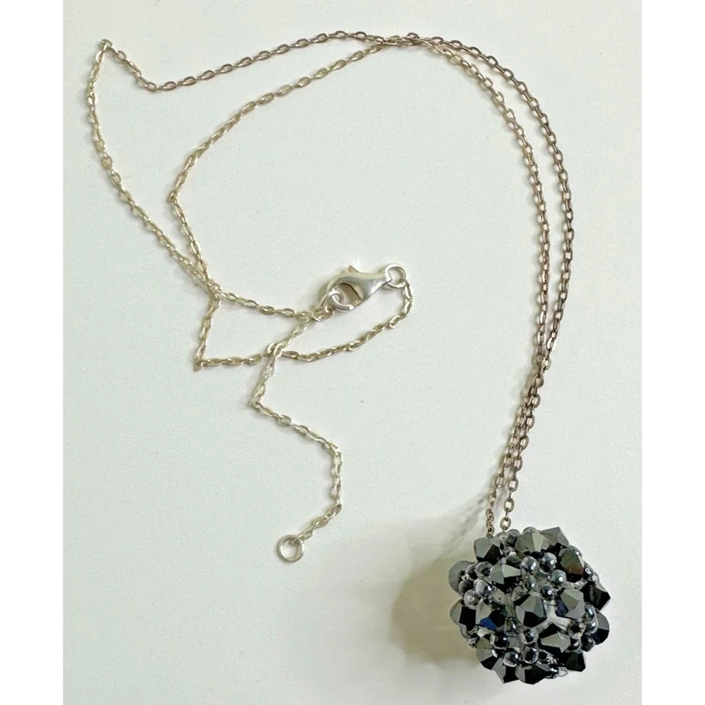 Sterling Silver Necklace Cluster Ball Charm Grey Shiny 16 in adjustable Chain 92